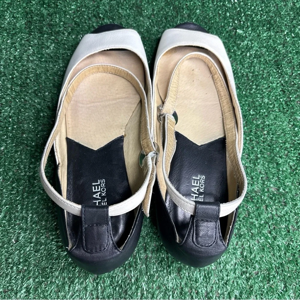 Michael Kors Peep Toe Ankle Strap Leather‎ Flats White Black Women's Size 8 M